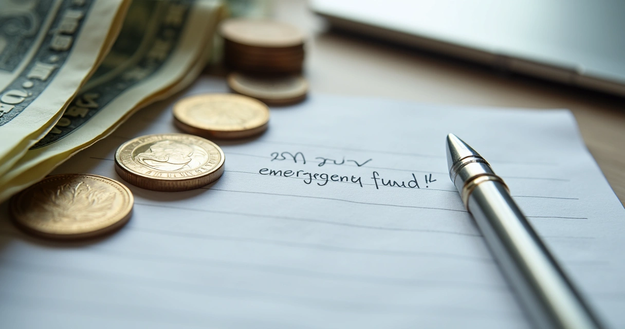 Cédulas e moedas organizadas ao lado de um caderno de planejamento financeiro. 