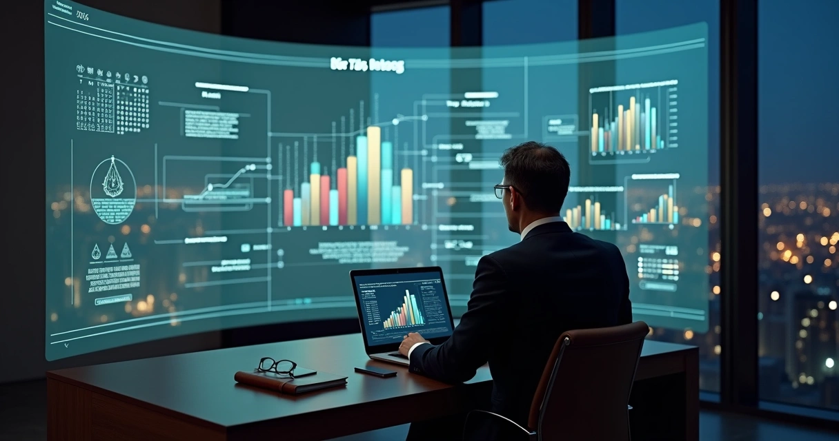 Gestor analisa parede curva de gráficos financeiros com símbolos de fundos exclusivos 