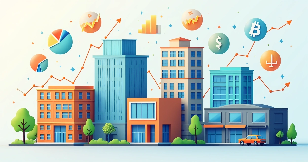 Diversos prédios comerciais e galpões com ícones de crescimento e gráficos 