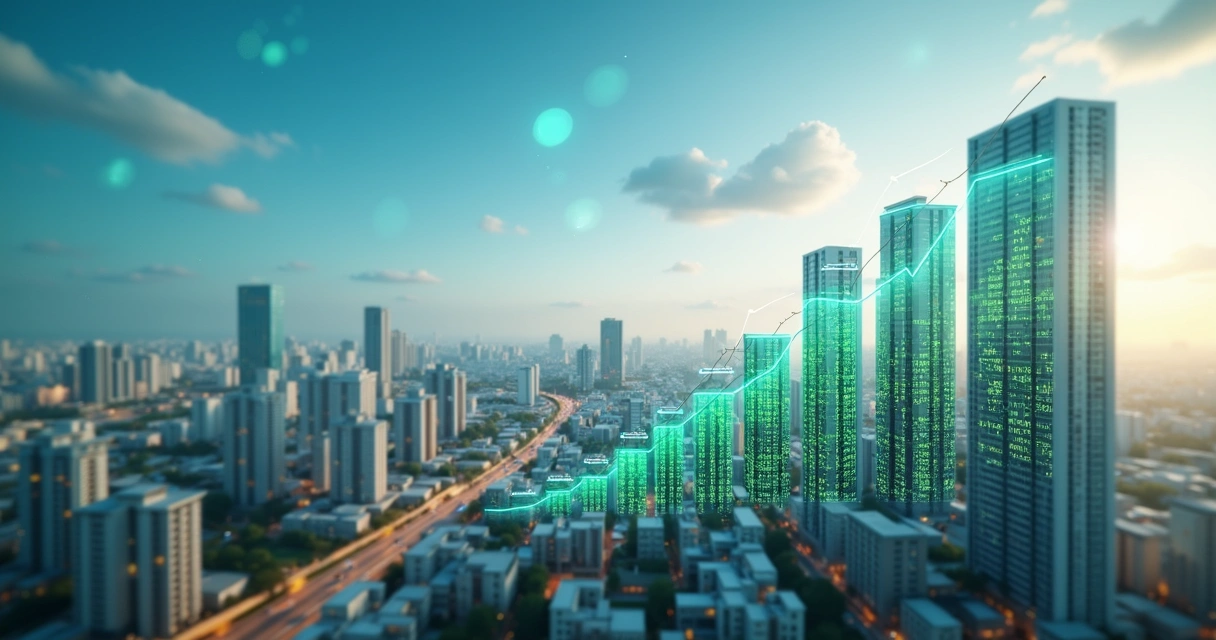 Vista panorâmica de prédios modernos e gráficos financeiros sobrepostos com tendências de mercado 