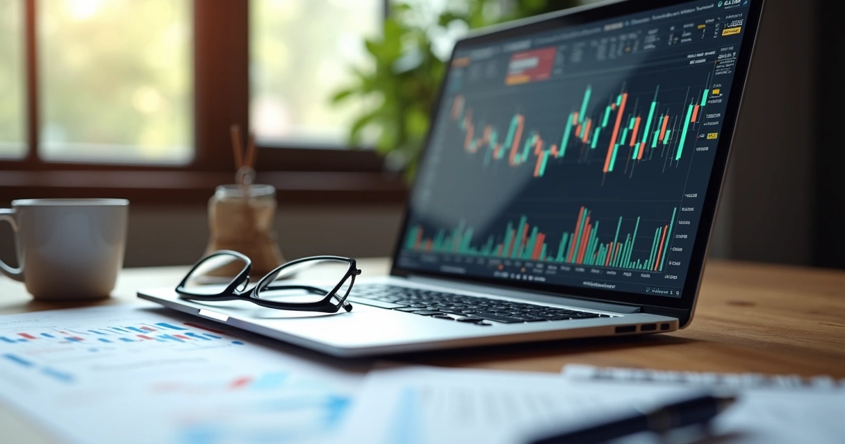 Mesa com computador exibindo gráficos de fundos de investimento 