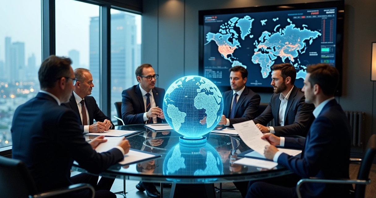 Líderes globais de fundos multiestratégia em reunião analisando panoramas internacionais.