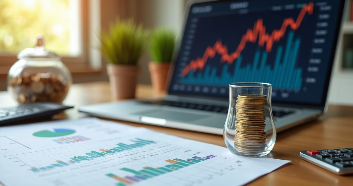 Mesa com papéis, gráficos financeiros e um cofre com moedas organizadas para investimentos em fundos de renda fixa 