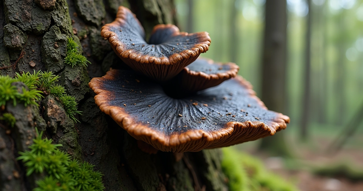 Fungo chaga crescendo em tronco de árvore com textura rústica marrom e ambiente natural ao redor 