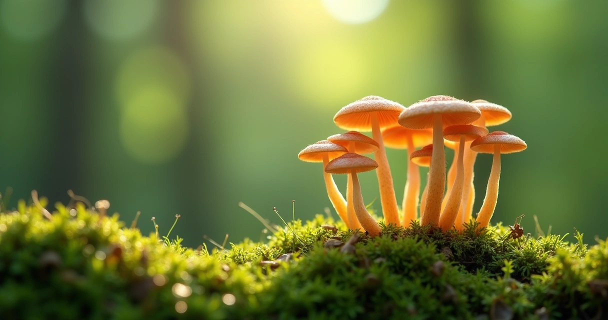 Fungo Cordyceps Sinensis crescendo em ambiente natural, sobre musgo com fundo desfocado verde e luz suave 