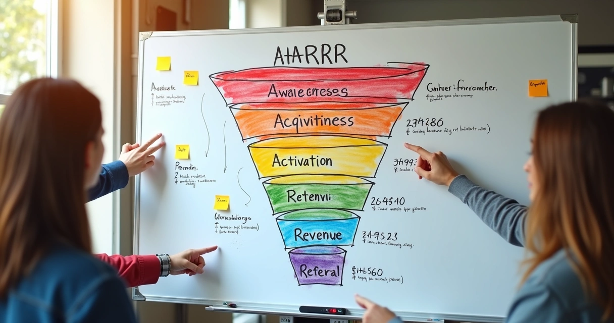 Esquema de funil AAARRR desenhado em quadro branco 