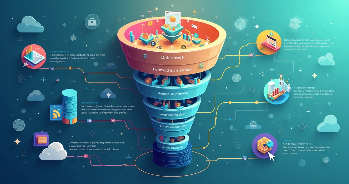 Ilustração de um funil B2B com setas mostrando fluxo de dados e automação