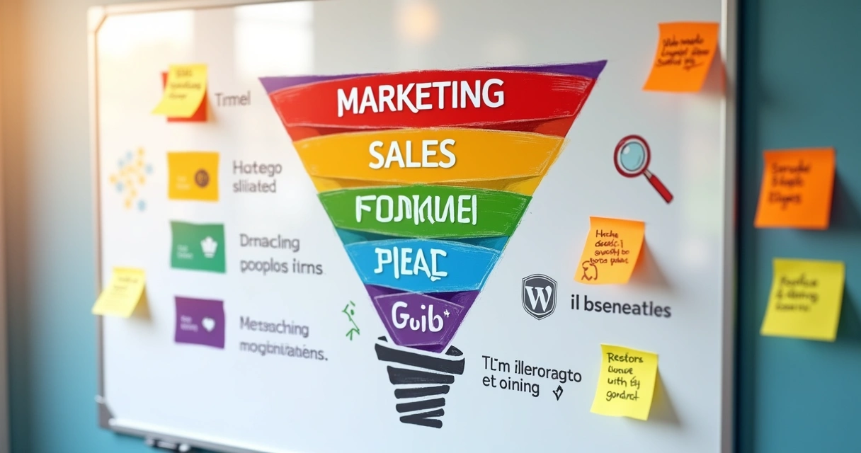 Desenho de funil de vendas colorido com ícones de leads, reuniões, propostas e contratos 