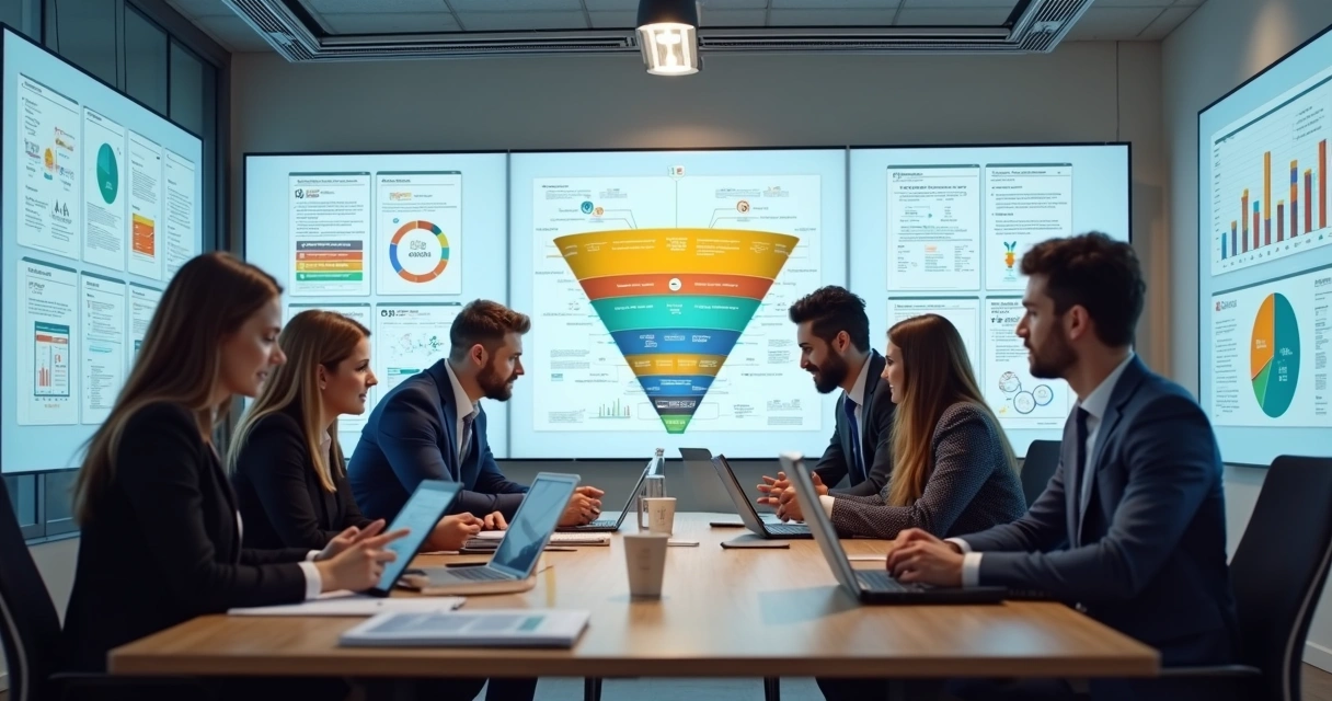 Time de vendas e marketing discutindo estratégias ao redor de uma mesa moderna 