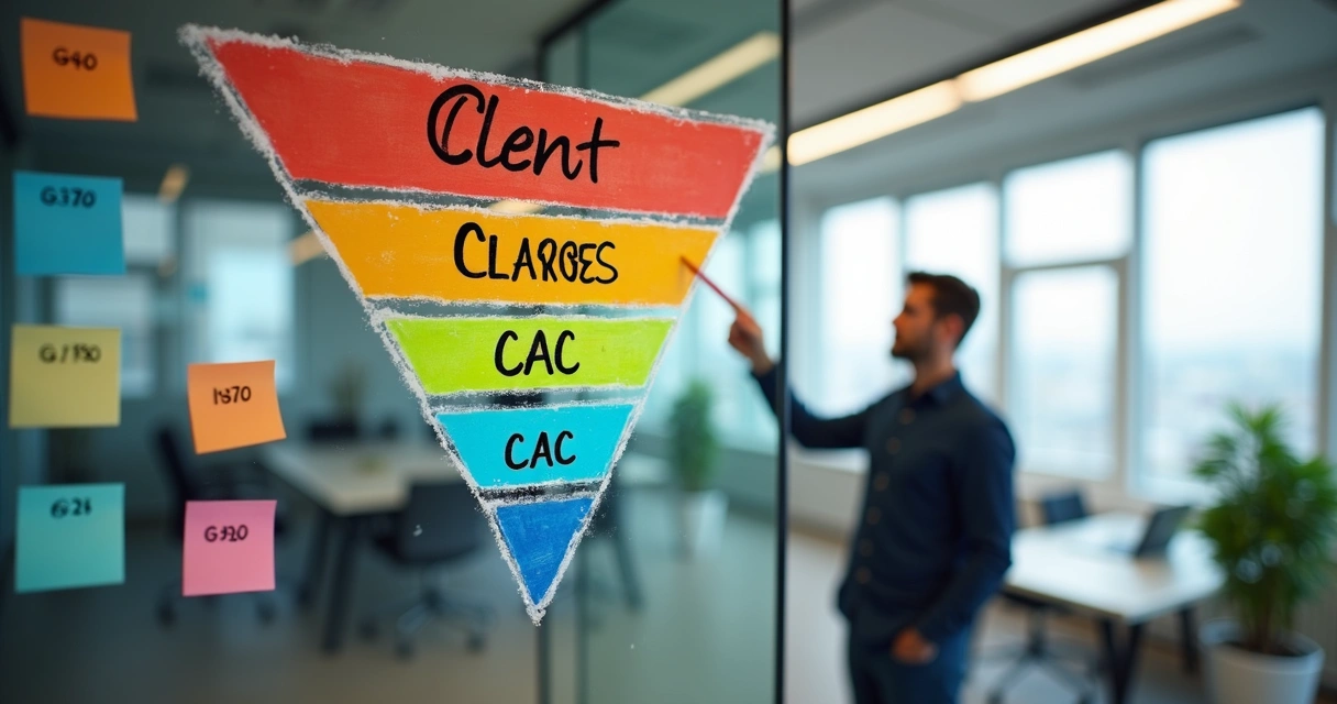 Desenho de funil de vendas com valores do CAC nas etapas 