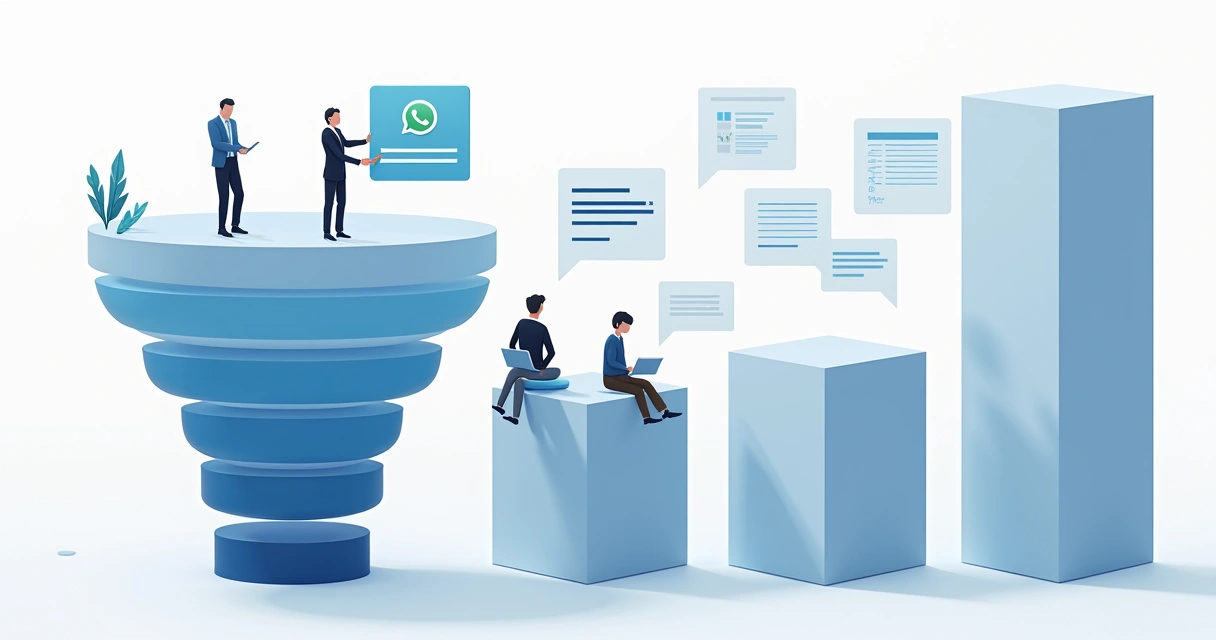 Funil de atendimento jurídico com etapas de prospecção, negociação e fechamento, ao lado de tela de WhatsApp 