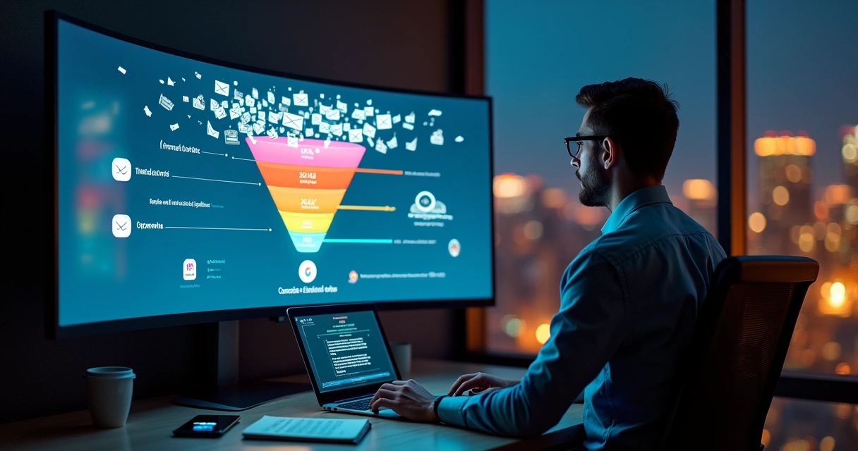 Gestor observa painel de automação de marketing segmentando leads em funil digital 