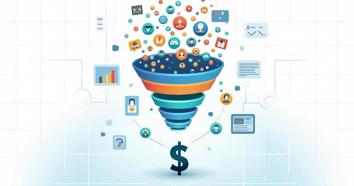 Ilustração de um funil digital com leads entrando no topo e saindo clientes na base. 