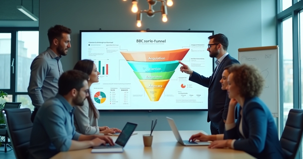 Representação visual de funil bowtie com equipe de go-to-market analisando dados em painel 