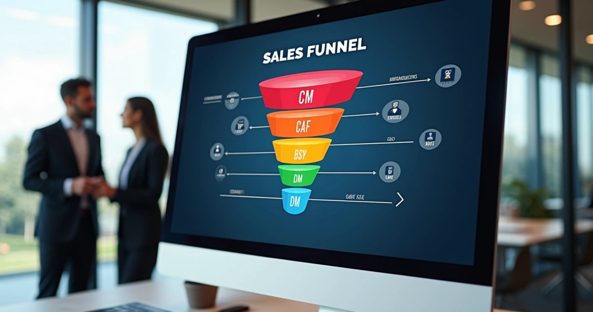 Monitor de computador mostra funil de vendas digital com várias etapas, linhas coloridas conectando interações e DMs, equipe observando ao fundo. 