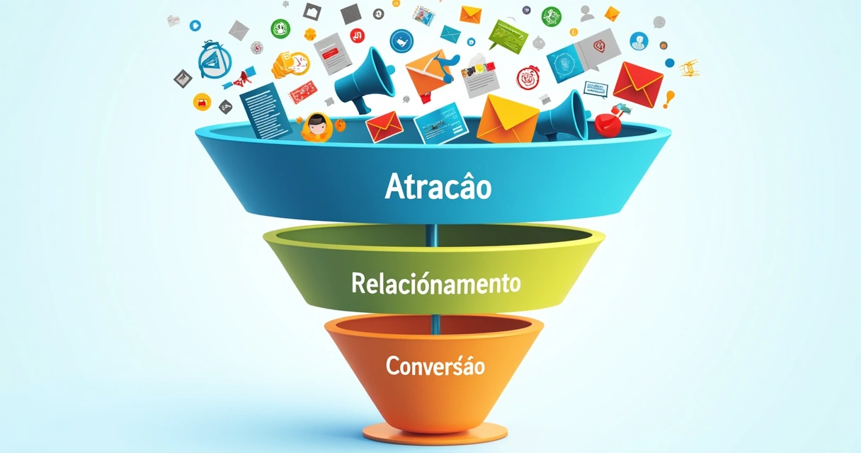 Diagrama do funil de captação de alunos com três etapas e setas indicando o fluxo dos contatos. 
