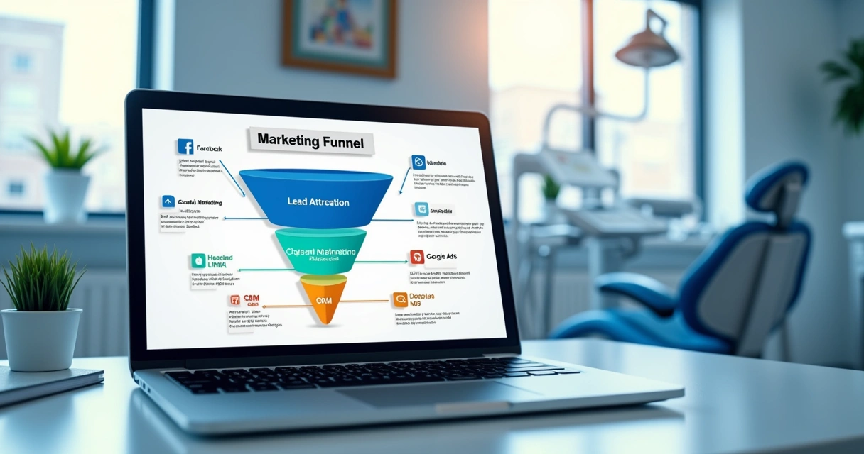 Representação detalhada de funil de captação para clínicas odontológicas em tela de computador com gráficos e ícones de redes sociais 