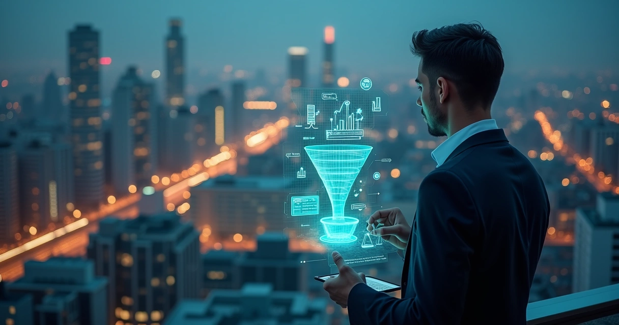 Advogado ajustando funil de clientes digitais projetado sobre área urbana noturna 