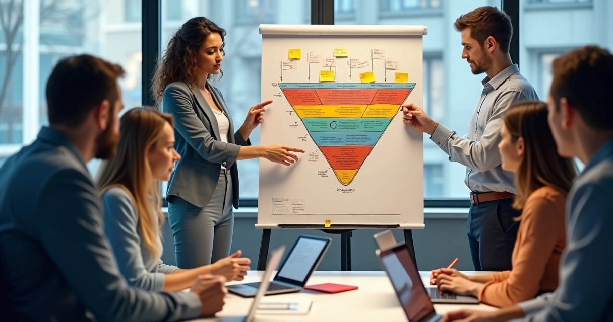 Equipe discutindo funil de vendas desenhado em quadro branco 