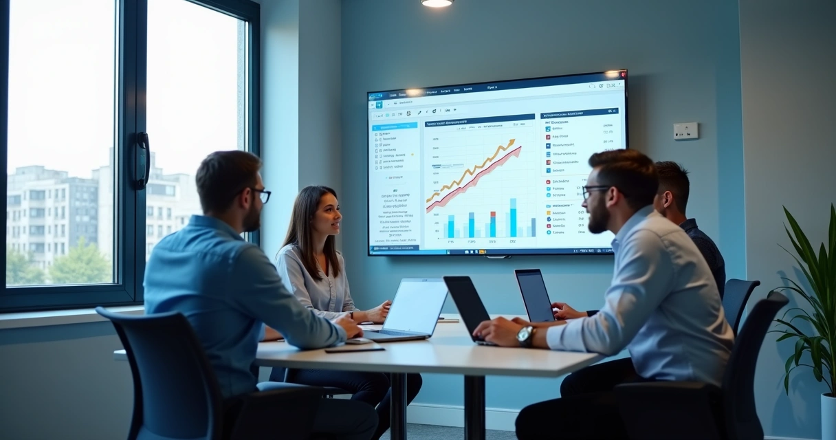 Sales funnel dashboard in an agency with metrics and team gathered