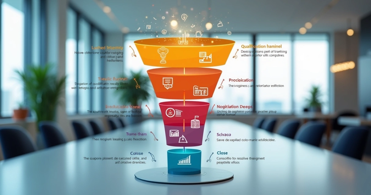 Ilustração de um funil de vendas digital com estágios visualmente destacados 
