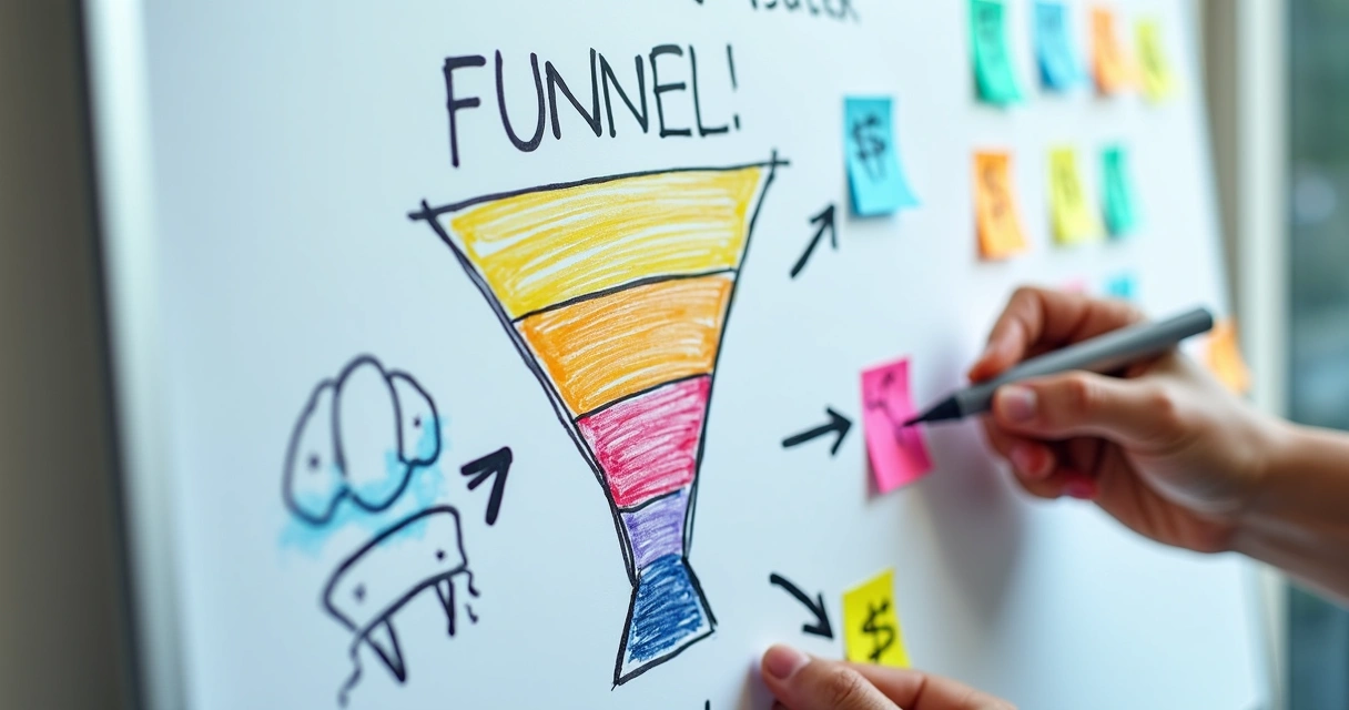 Quadro branco com desenho de funil de vendas ilustrado e post-its coloridos. 