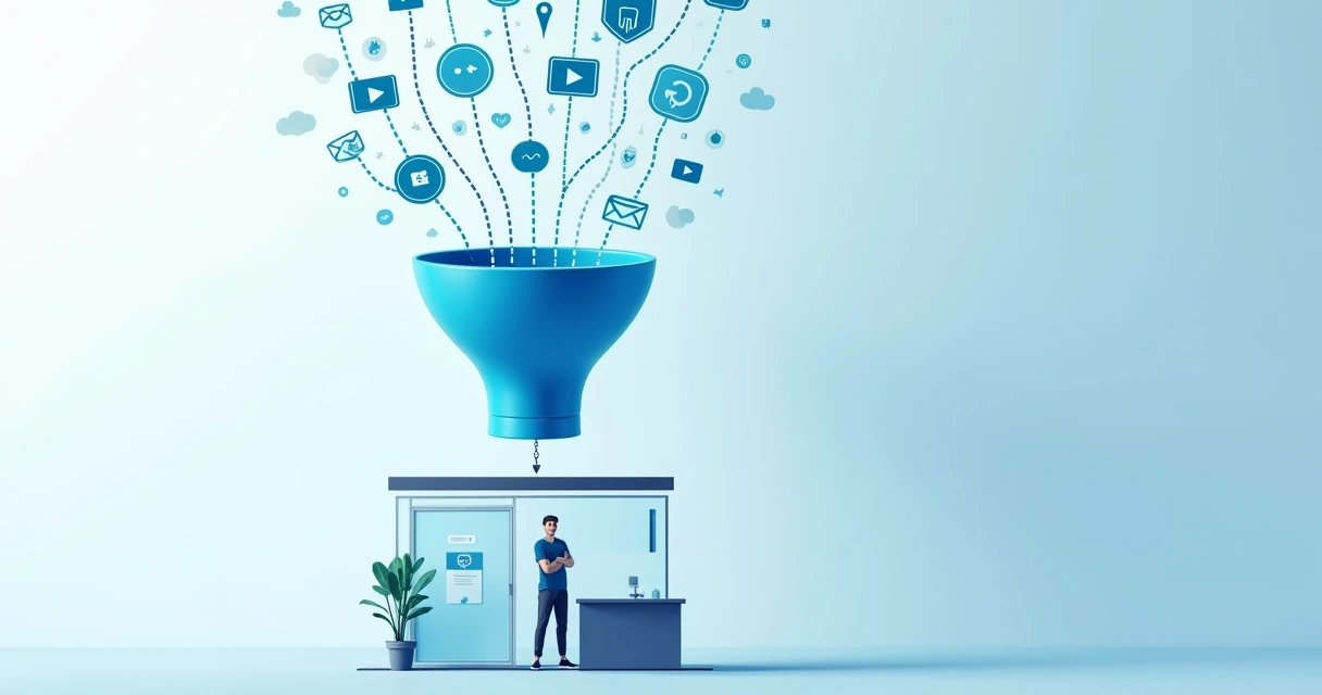Representação visual de um funil digital de captação de pacientes odontológicos