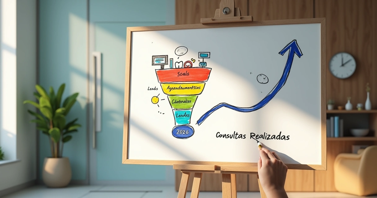 Quadro branco com funil de vendas desenhado para clínica odontológica 