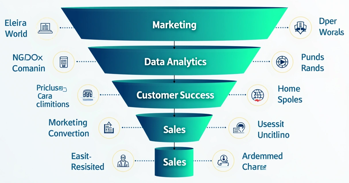 Gráfico ilustrativo de um funil de vendas consultivo conectado a diferentes áreas e canais 