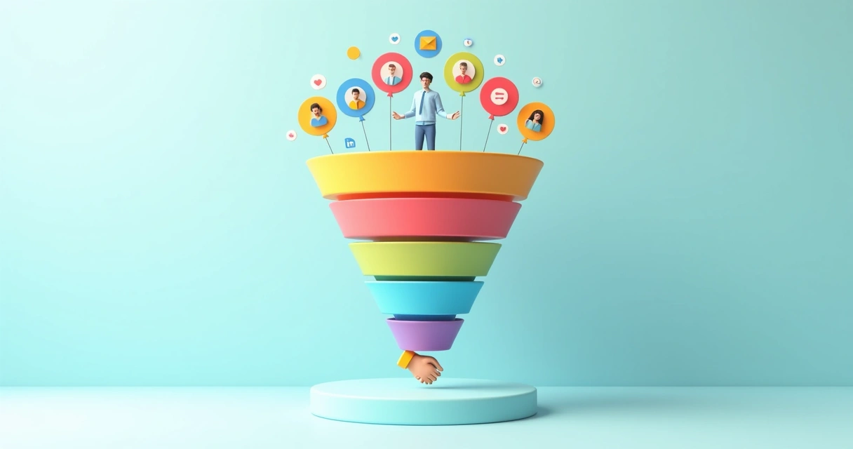 Funil de vendas colorido mostrando etapas de conversão com leads segmentados 