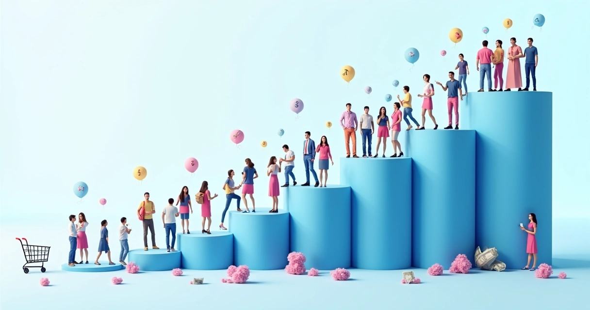 Ilustração de um funil de conversão de e-commerce mostrando queda dos visitantes por etapa 