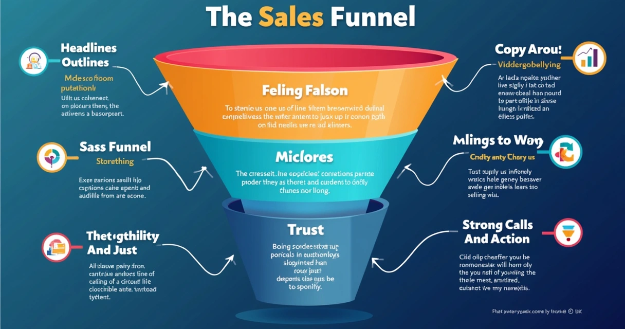 Ilustração de funil de vendas dividido em estágios com exemplos de copywriting 