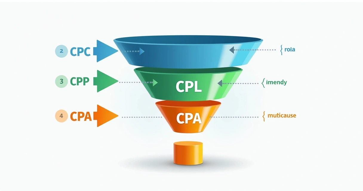 Funil de vendas ilustrando relação entre CPA, CPL e CPC em cada etapa 