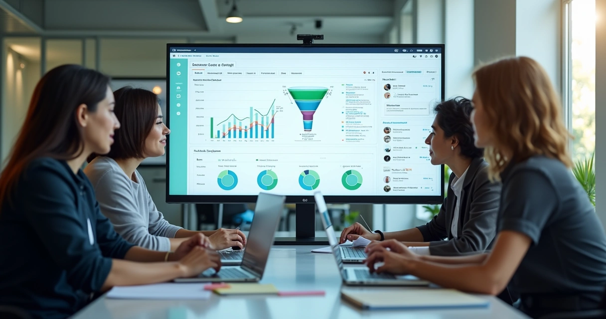 Sales funnel in CRM dashboard with team gathered