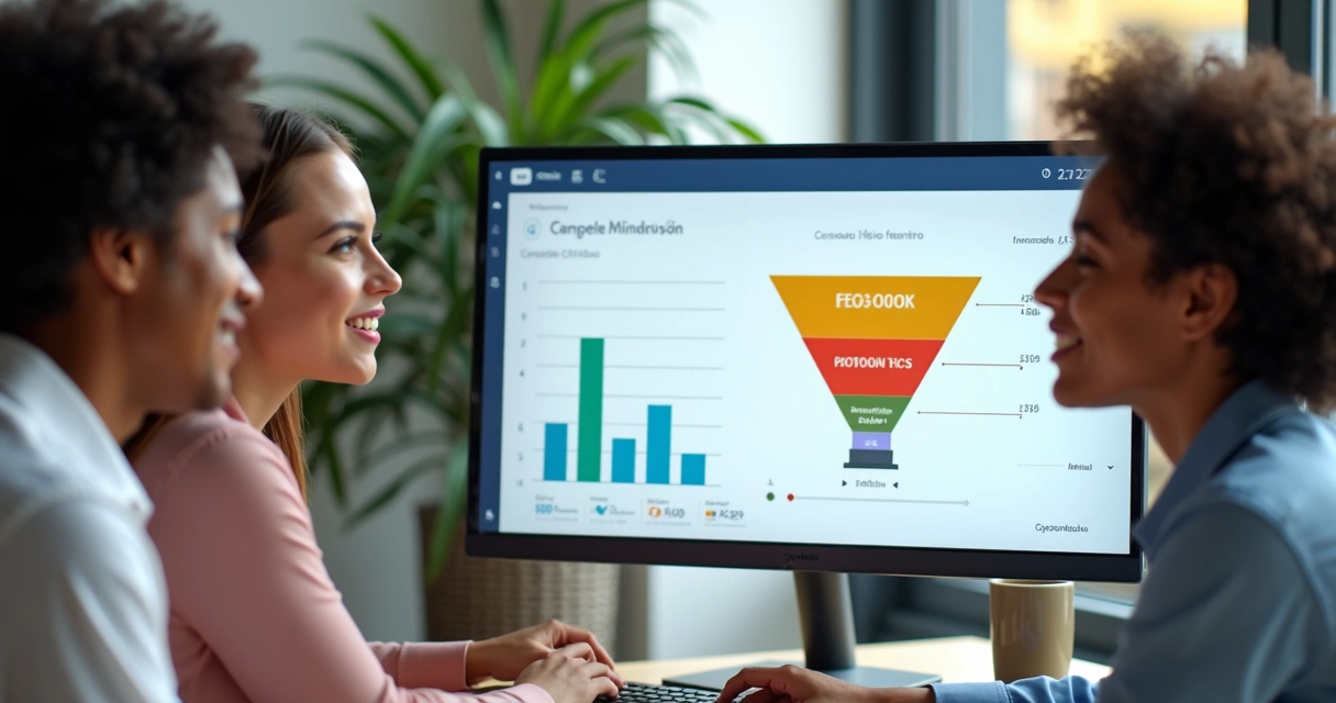 Equipe analisa funil de vendas em dashboard de CRM na tela 