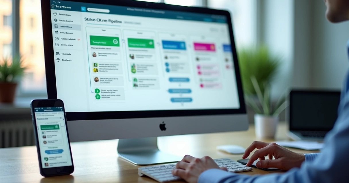 Tela de CRM com funil de vendas e conversa no WhatsApp