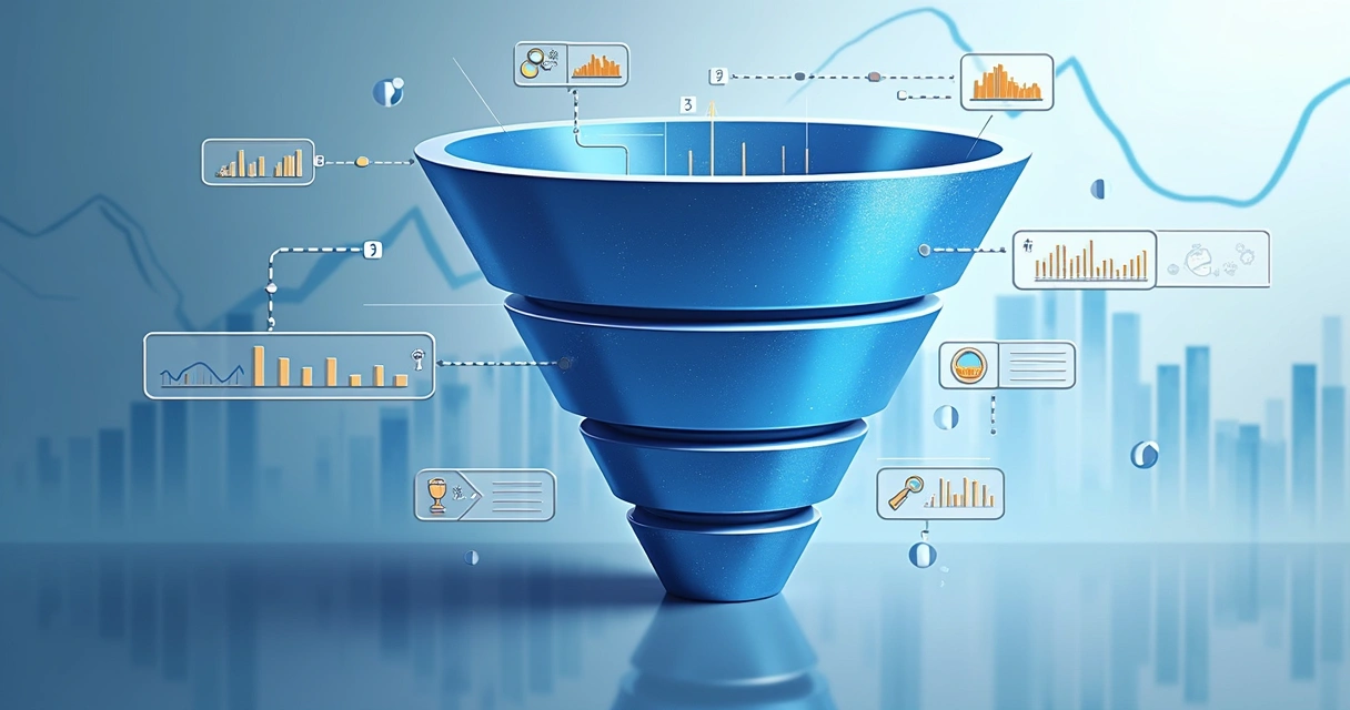 Representação digital de funil de vendas dividido em etapas com indicadores numéricos ao lado 