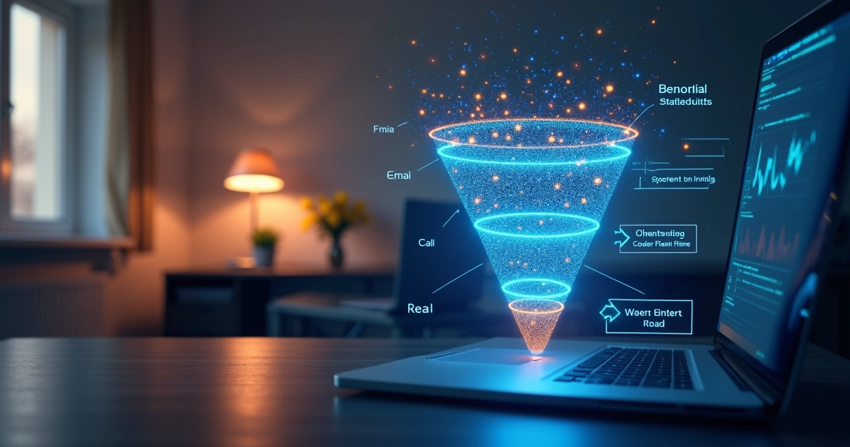 Fluxo de funil de vendas digital com leads frios se transformando em oportunidades reais