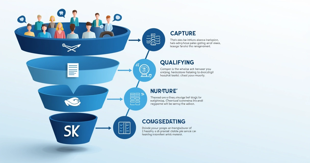 Leads de Clientes: Como Gerar, Qualificar e Converter em Vendas 2 Diagrama ilustrado do funil de vendas com etapas de captação, qualificação e conversão de leads