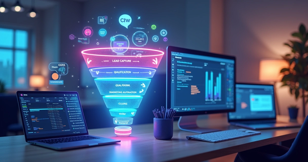 Fluxo visual detalhado de funil de vendas com etapas de captura, qualificação, nutrição e vendas, integrado a sistemas digitais e canais como WhatsApp 