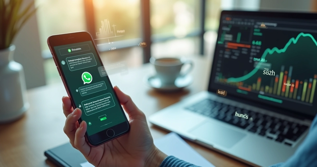 Tela de smartphone mostrando interface do WhatsApp com gráficos de vendas e automação de funil 
