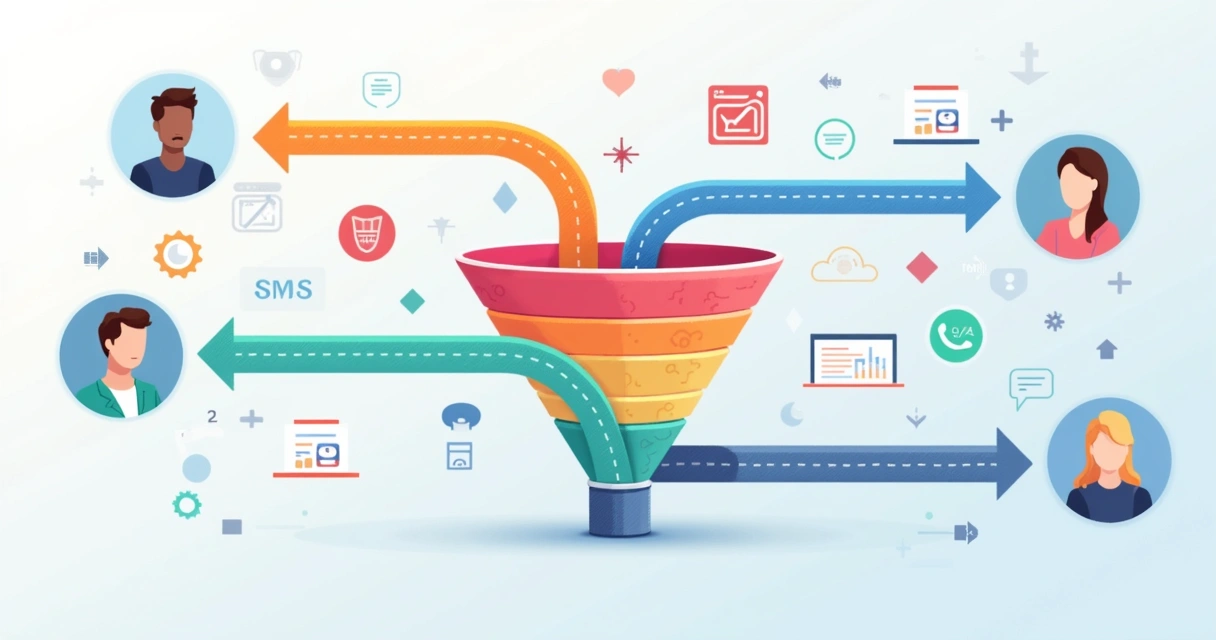 Diagrama colorido de funil de vendas digital centralizando e-mails, WhatsApp e SMS 