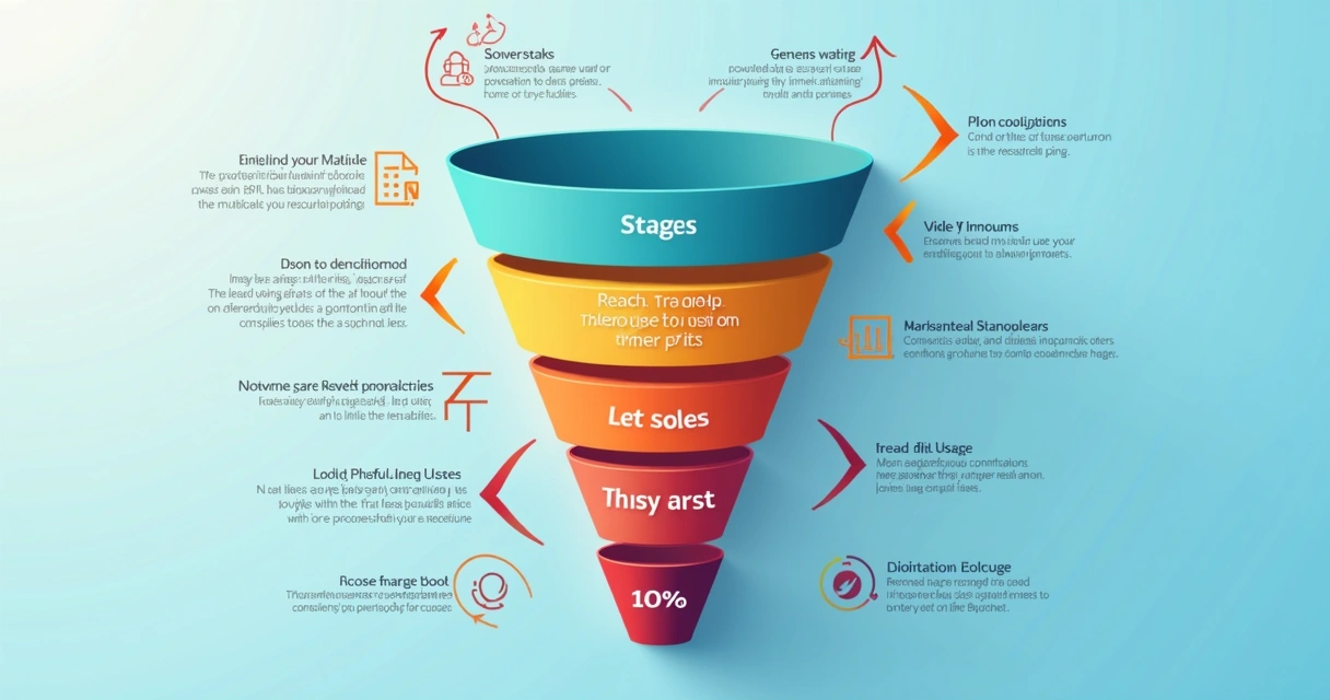 Infográfico colorido de funil de vendas B2B com setas destacando pontos de perda e gargalos 