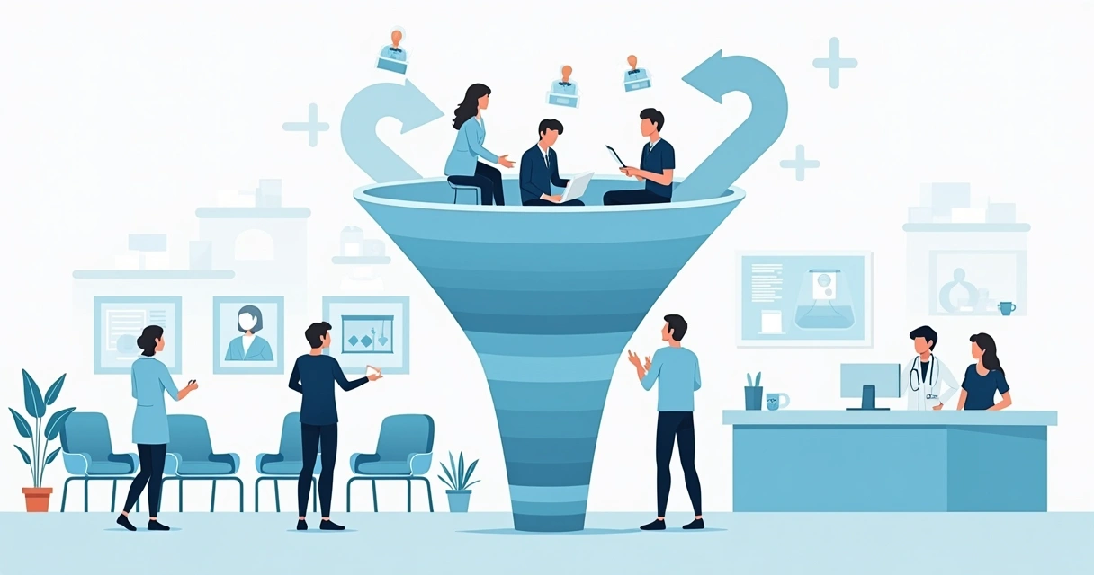 Desenho de um funil simplificado com pequenos ícones representando pacientes, profissionais de saúde e etapas de conversão em ambiente clínico 