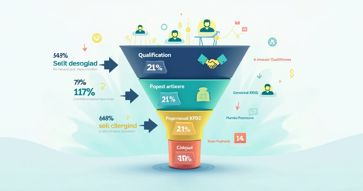 Gráfico de funil de vendas mostrando etapas de qualificação, reunião, proposta e fechamento, representadas por ícones e setas