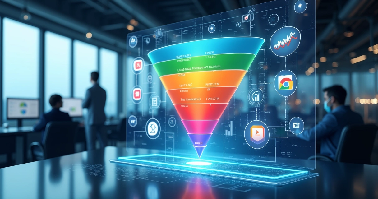 Representação digital de funil de vendas com ícones de anúncios pagos e gráficos de crescimento 