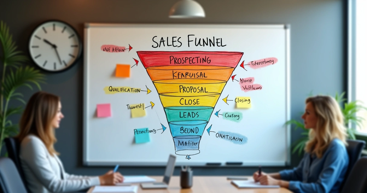 Funil de vendas desenhado à mão em quadro branco com post-its coloridos 