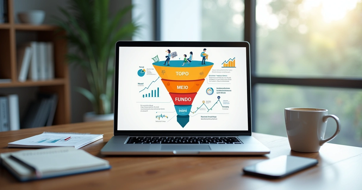 Funil de vendas digital com etapas da jornada do cliente em tela de computador 