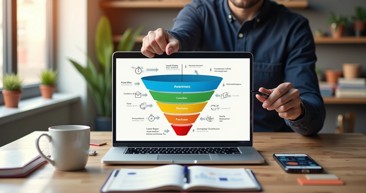 Funil de vendas ilustrado em tela de computador em escritório de pequena empresa 