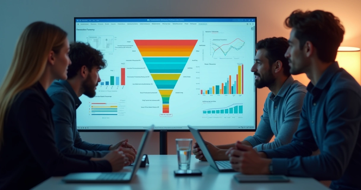 Equipe de vendas discutindo funil de vendas com gráficos na tela 